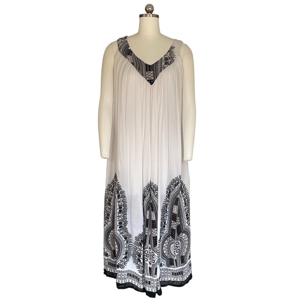 Zury Maxi Dress Womens One Size White Tribal Border Print V-Neck Sleeveless Boho